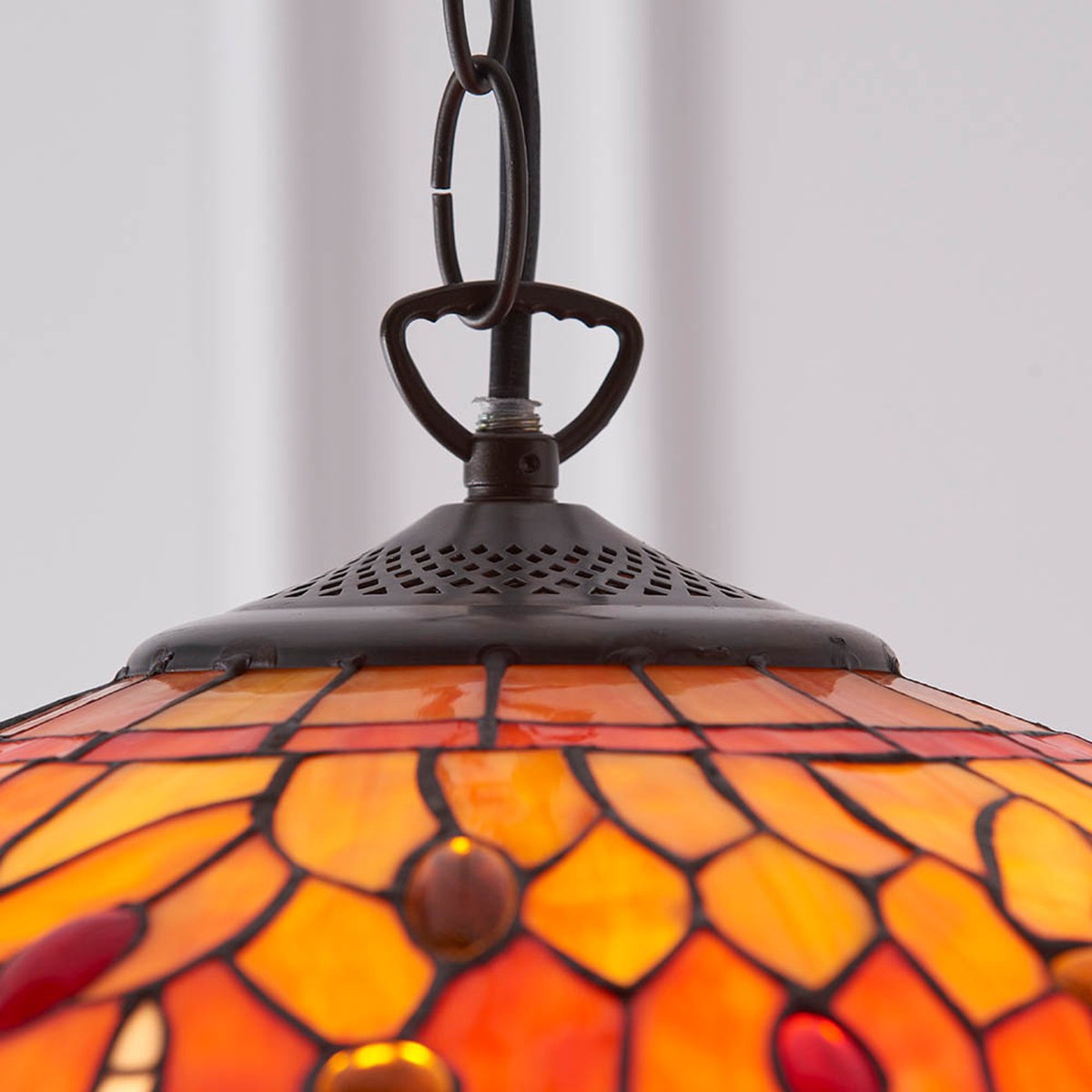 Interiors 1900 Dragonfly Medium 3 Light Tiffany Pendant Light in Satin Black with Flame Glass