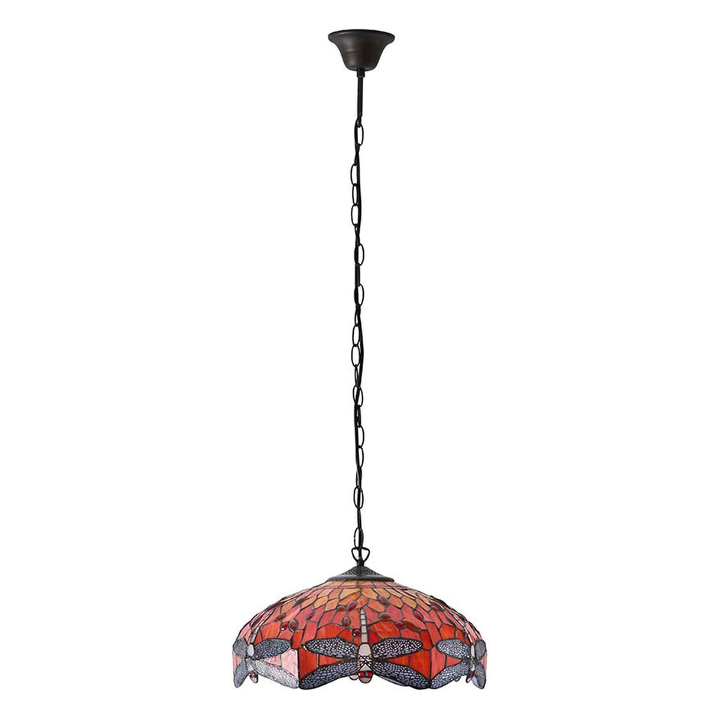 Interiors 1900 Dragonfly Medium 3 Light Tiffany Pendant Light in Satin Black with Flame Glass