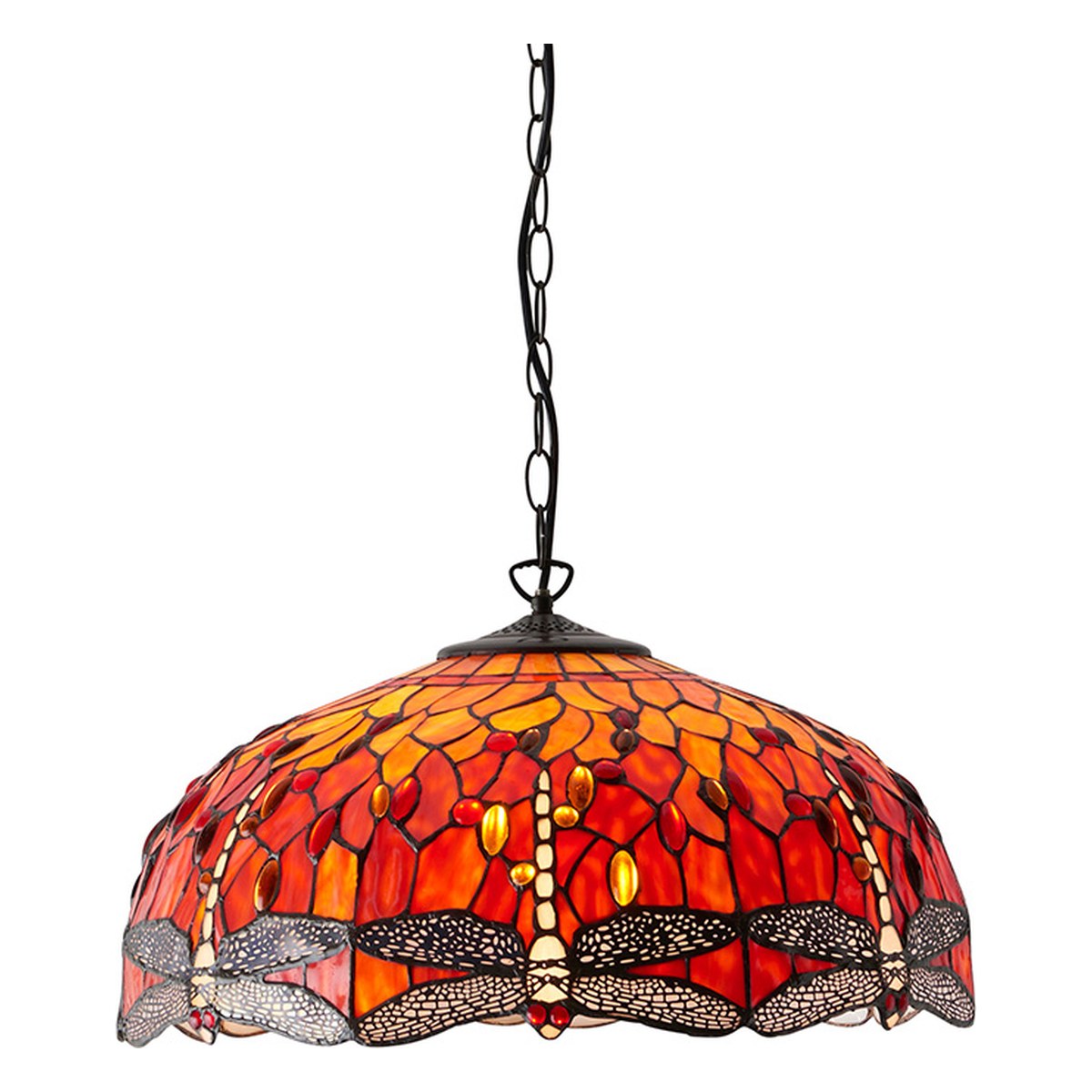 Interiors 1900 Dragonfly Large 3 Light Tiffany Pendant Light in Satin Black with Flame Glass