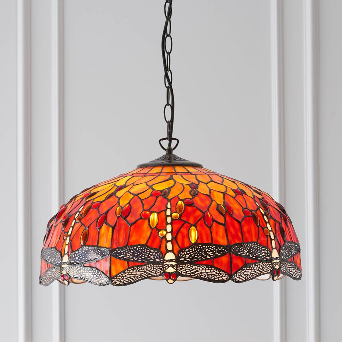Interiors 1900 Dragonfly Large 3 Light Tiffany Pendant Light in Satin Black with Flame Glass