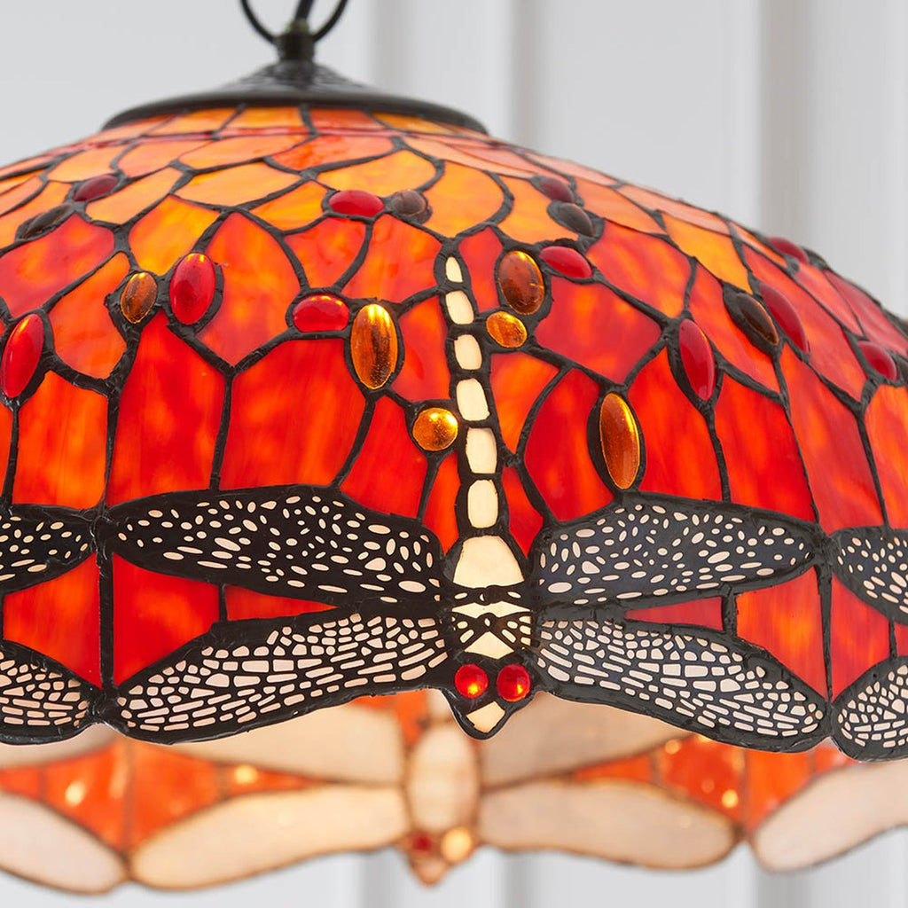 Interiors 1900 Dragonfly Large 3 Light Tiffany Pendant Light in Satin Black with Flame Glass