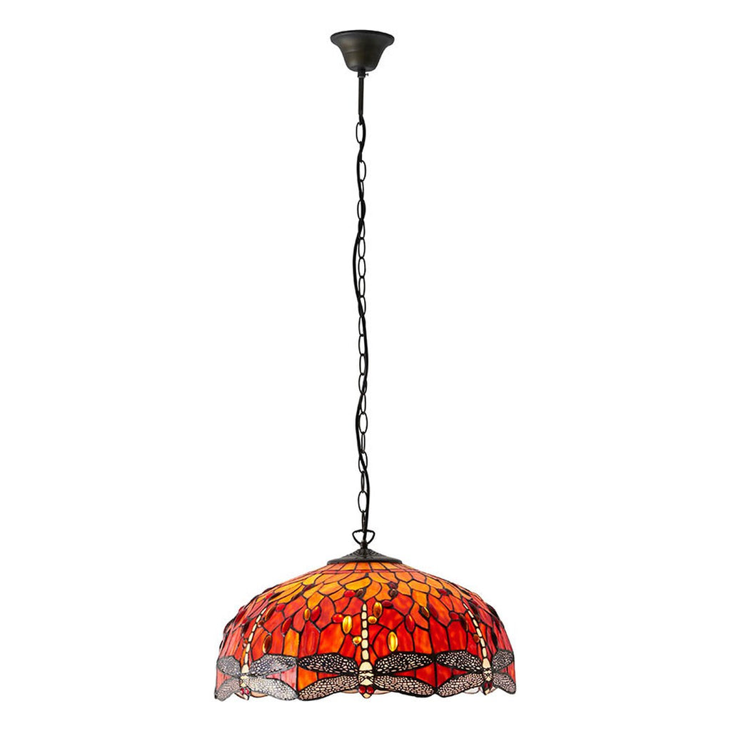 Interiors 1900 Dragonfly Large 3 Light Tiffany Pendant Light in Satin Black with Flame Glass