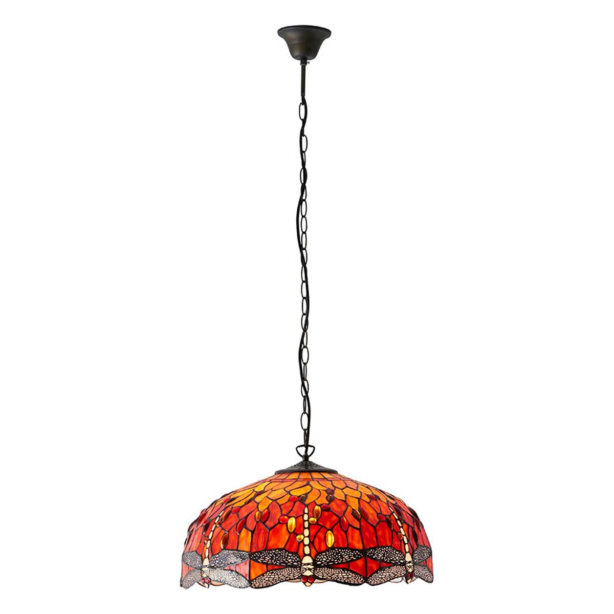 Interiors 1900 Dragonfly Large 3 Light Tiffany Pendant Light in Satin Black with Flame Glass