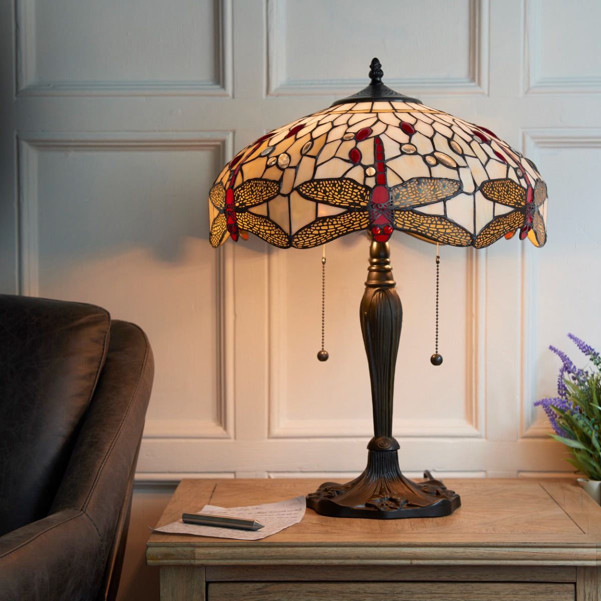 Interiors 1900 Dragonfly Medium 2 Light Tiffany Table Lamp in Satin Black & Beige Glass