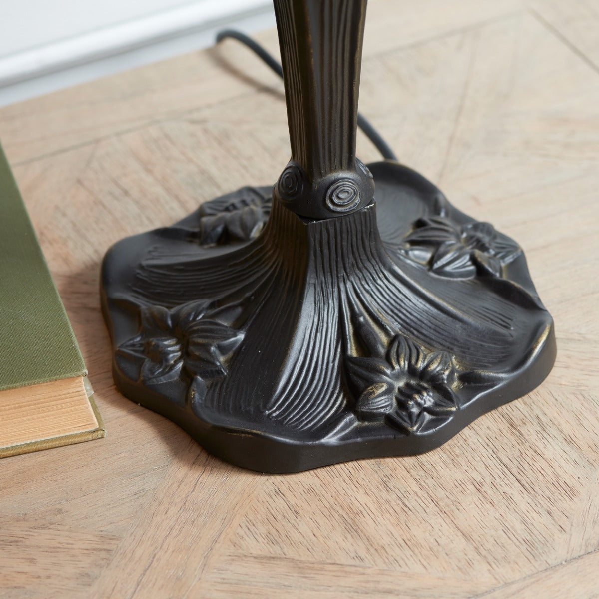 Interiors 1900 Dragonfly Medium 2 Light Tiffany Table Lamp in Satin Black & Beige Glass