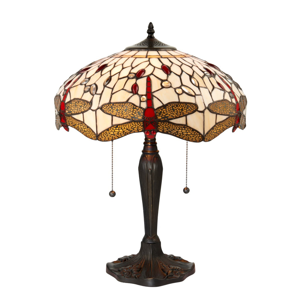 Interiors 1900 Dragonfly Medium 2 Light Tiffany Table Lamp in Satin Black & Beige Glass