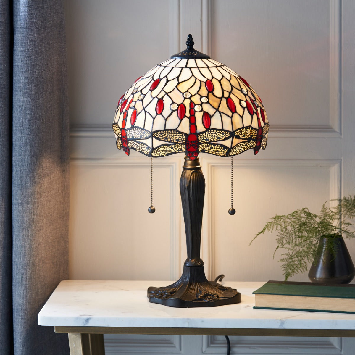 Interiors 1900 Dragonfly Small 2 Light Tiffany Table Lamp in Satin Black & Beige Glass