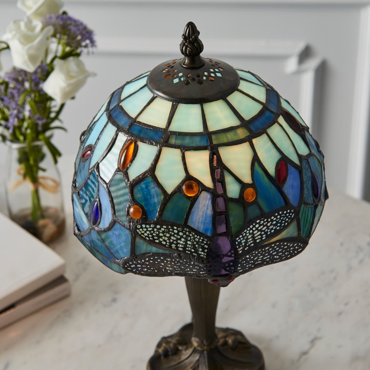 Interiors 1900 Dragonfly Tiffany Table Lamp in Satin Black with Blue Glass