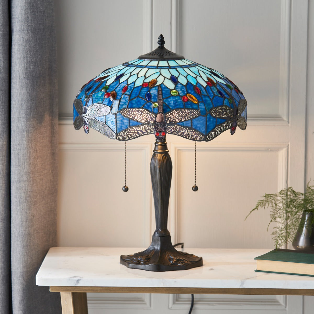 Interiors 1900 Dragonfly Medium 2 Light Tiffany Table Lamp in Satin Black & Blue Glass