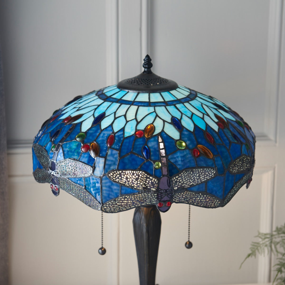 Interiors 1900 Dragonfly Medium 2 Light Tiffany Table Lamp in Satin Black & Blue Glass