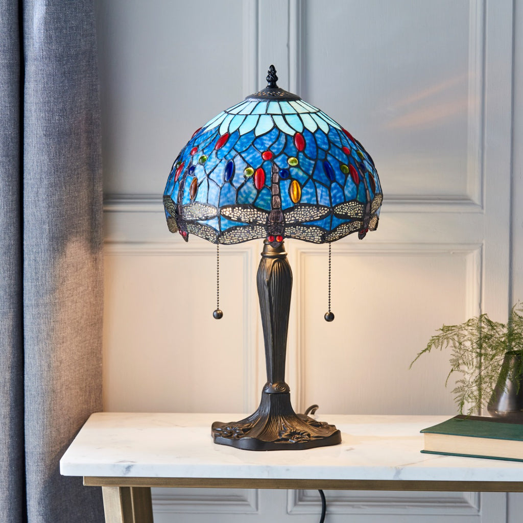 Interiors 1900 Dragonfly Small 2 Light Tiffany Table Lamp in Satin Black & Blue Glass