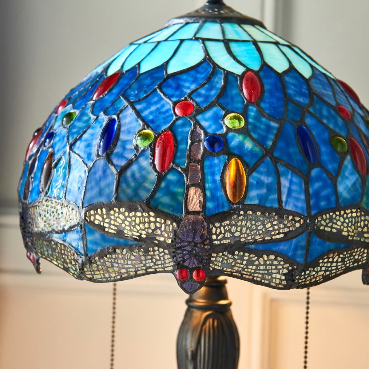 Interiors 1900 Dragonfly Small 2 Light Tiffany Table Lamp in Satin Black & Blue Glass