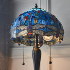 Interiors 1900 Dragonfly Small 2 Light Tiffany Table Lamp in Satin Black & Blue Glass