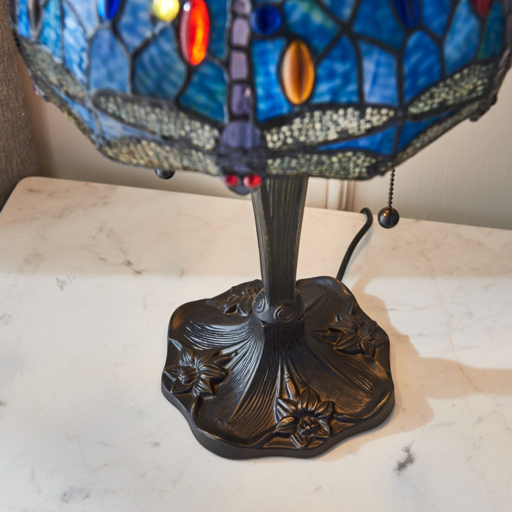 Interiors 1900 Dragonfly Small 2 Light Tiffany Table Lamp in Satin Black & Blue Glass