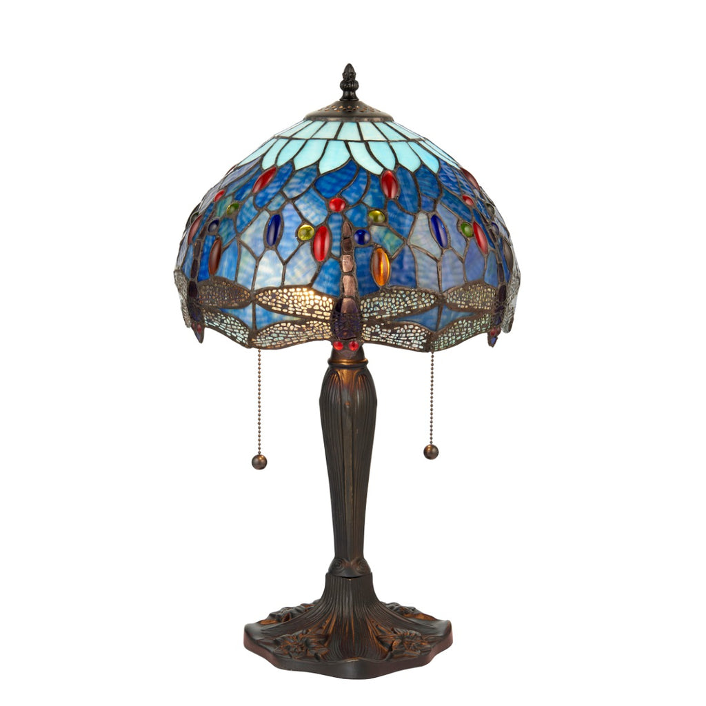 Interiors 1900 Dragonfly Small 2 Light Tiffany Table Lamp in Satin Black & Blue Glass