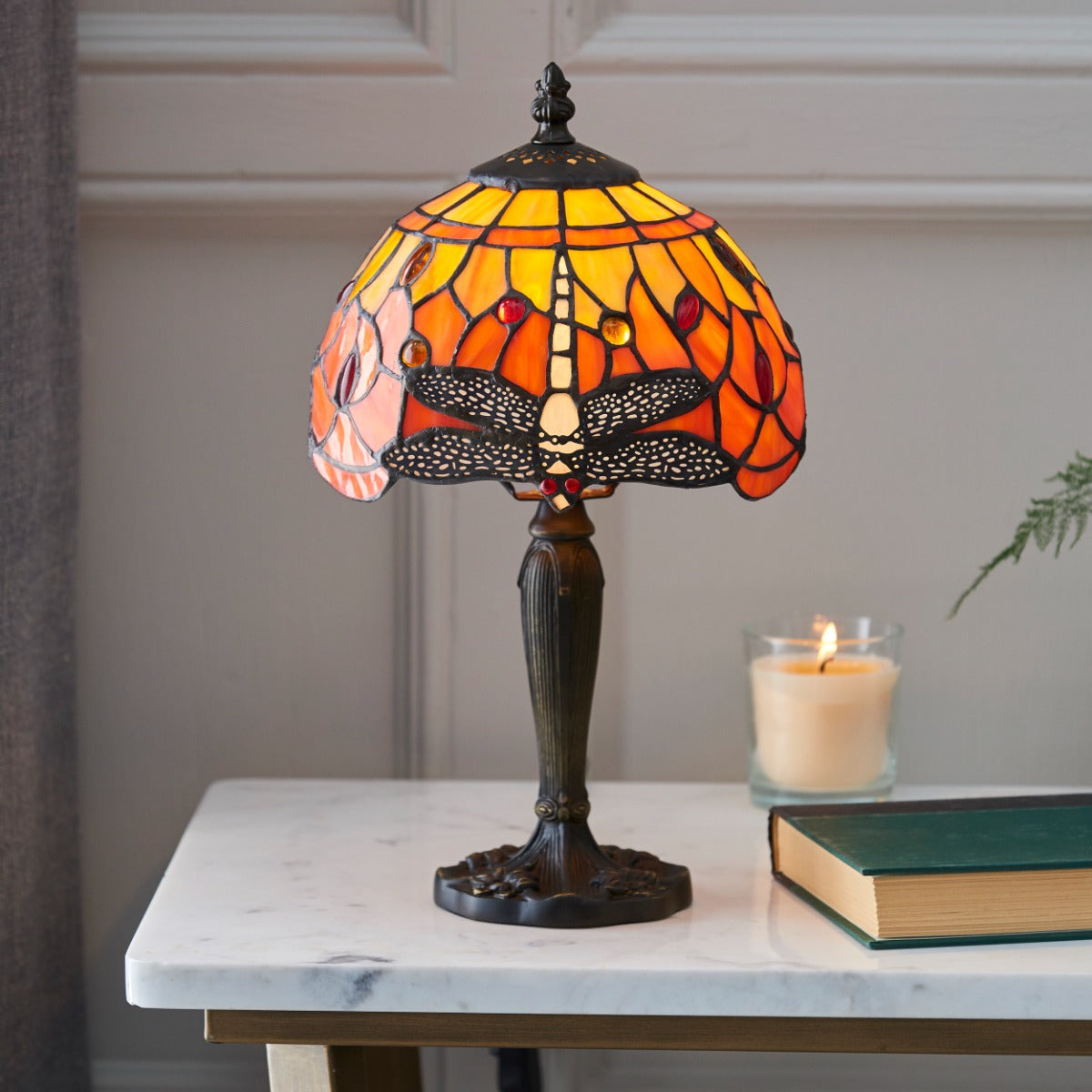 Interiors 1900 Dragonfly Tiffany Table Lamp in Satin Black with Flame Glass