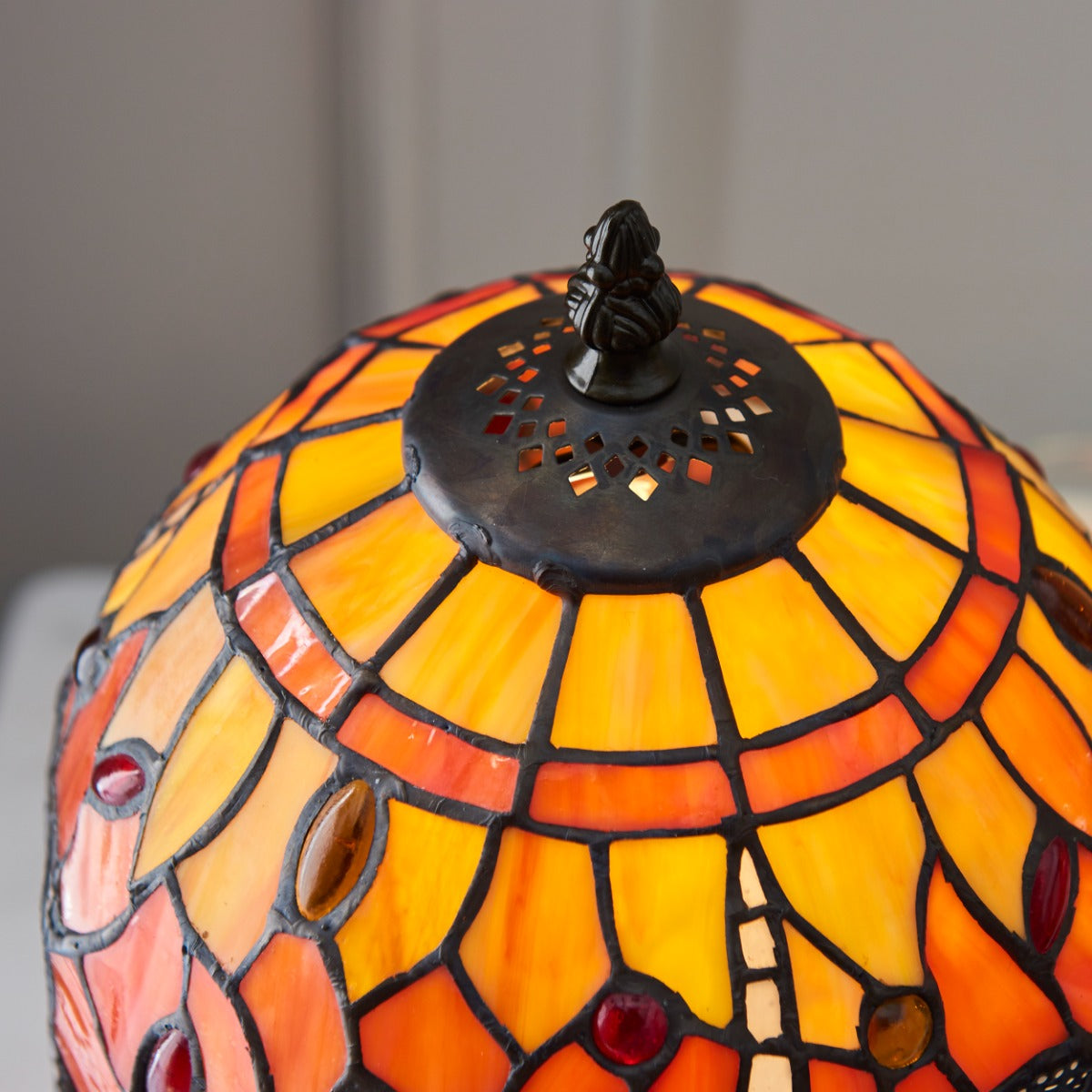Interiors 1900 Dragonfly Tiffany Table Lamp in Satin Black with Flame Glass