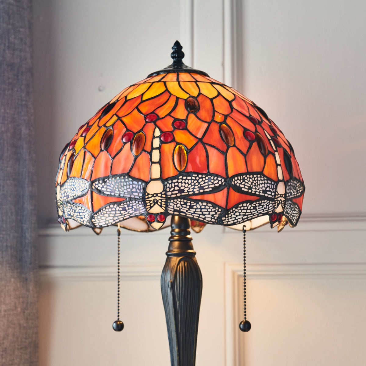 Interiors 1900 Dragonfly Small 2 Light Tiffany Table Lamp in Satin Black & Flame Glass