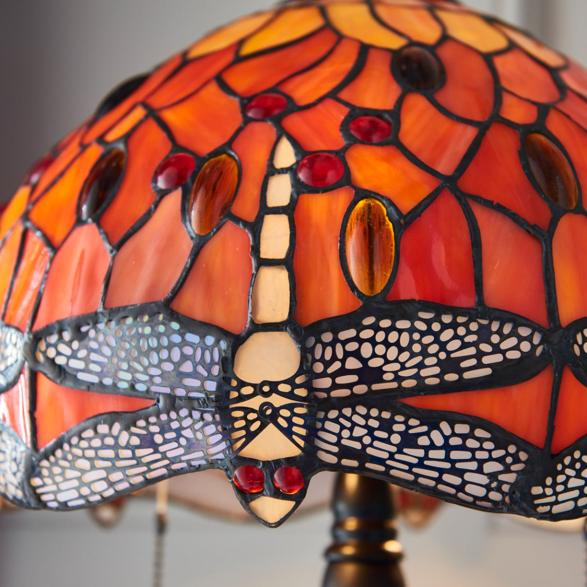 Interiors 1900 Dragonfly Small 2 Light Tiffany Table Lamp in Satin Black & Flame Glass