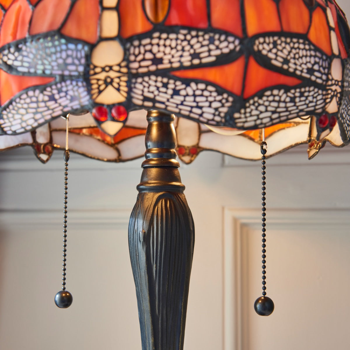 Interiors 1900 Dragonfly Small 2 Light Tiffany Table Lamp in Satin Black & Flame Glass