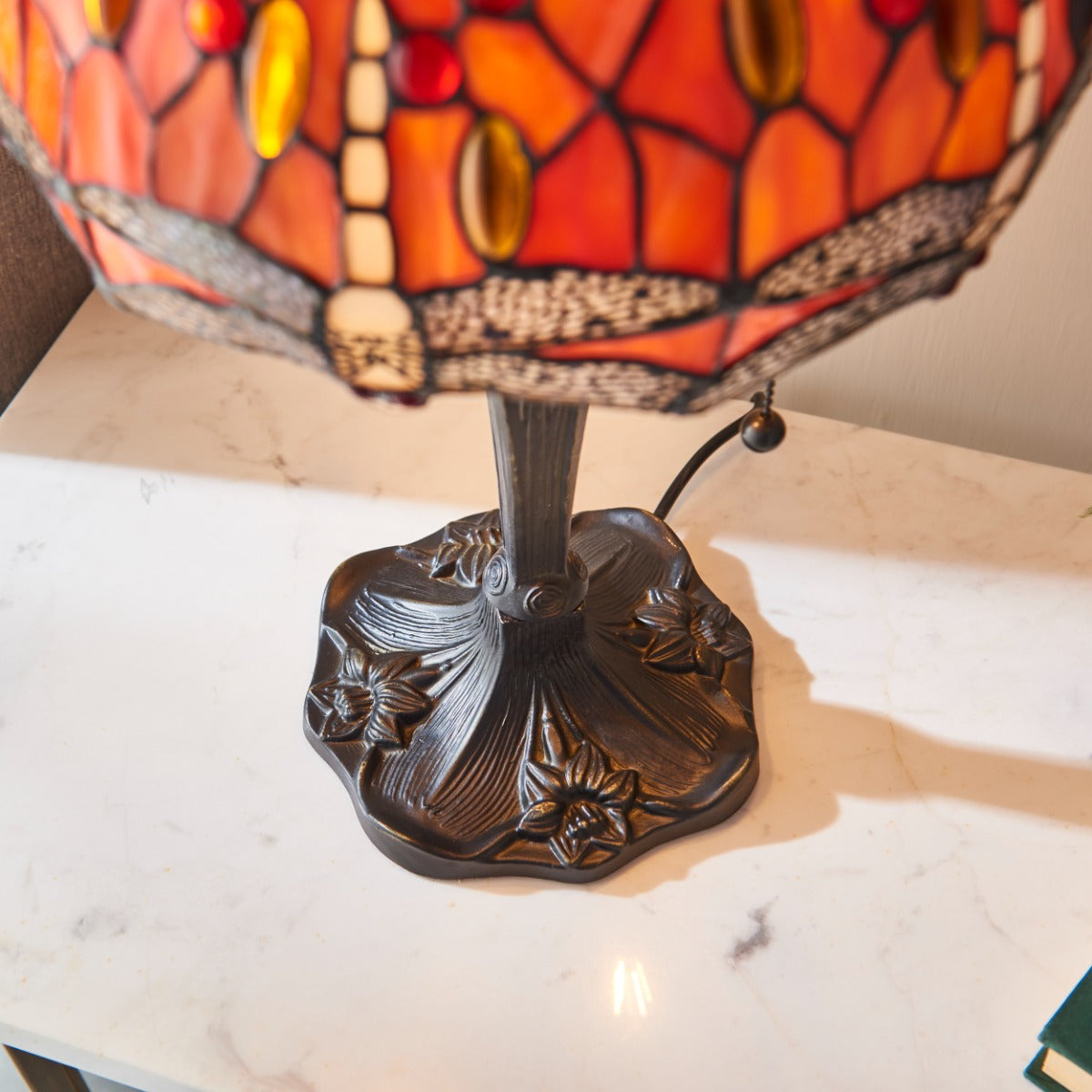 Interiors 1900 Dragonfly Small 2 Light Tiffany Table Lamp in Satin Black & Flame Glass