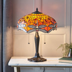 Interiors 1900 Dragonfly Medium 2 Light Tiffany Table Lamp in Satin Black & Flame Glass