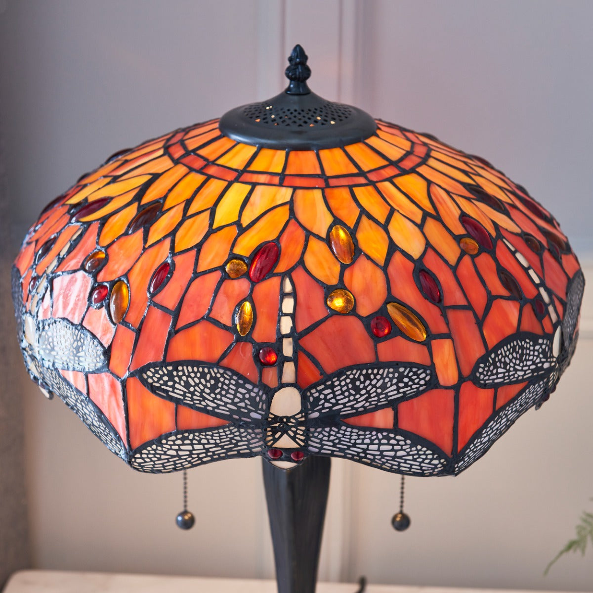 Interiors 1900 Dragonfly Medium 2 Light Tiffany Table Lamp in Satin Black & Flame Glass