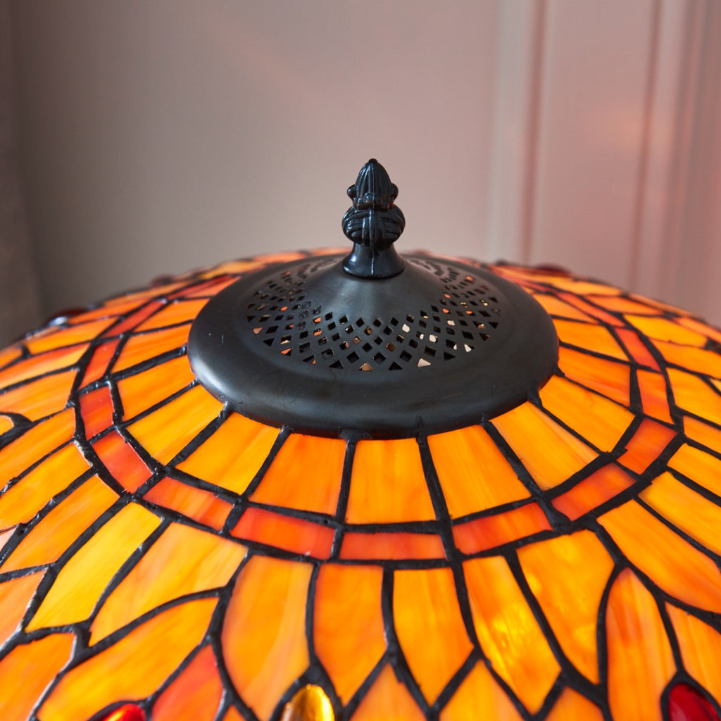 Interiors 1900 Dragonfly Medium 2 Light Tiffany Table Lamp in Satin Black & Flame Glass