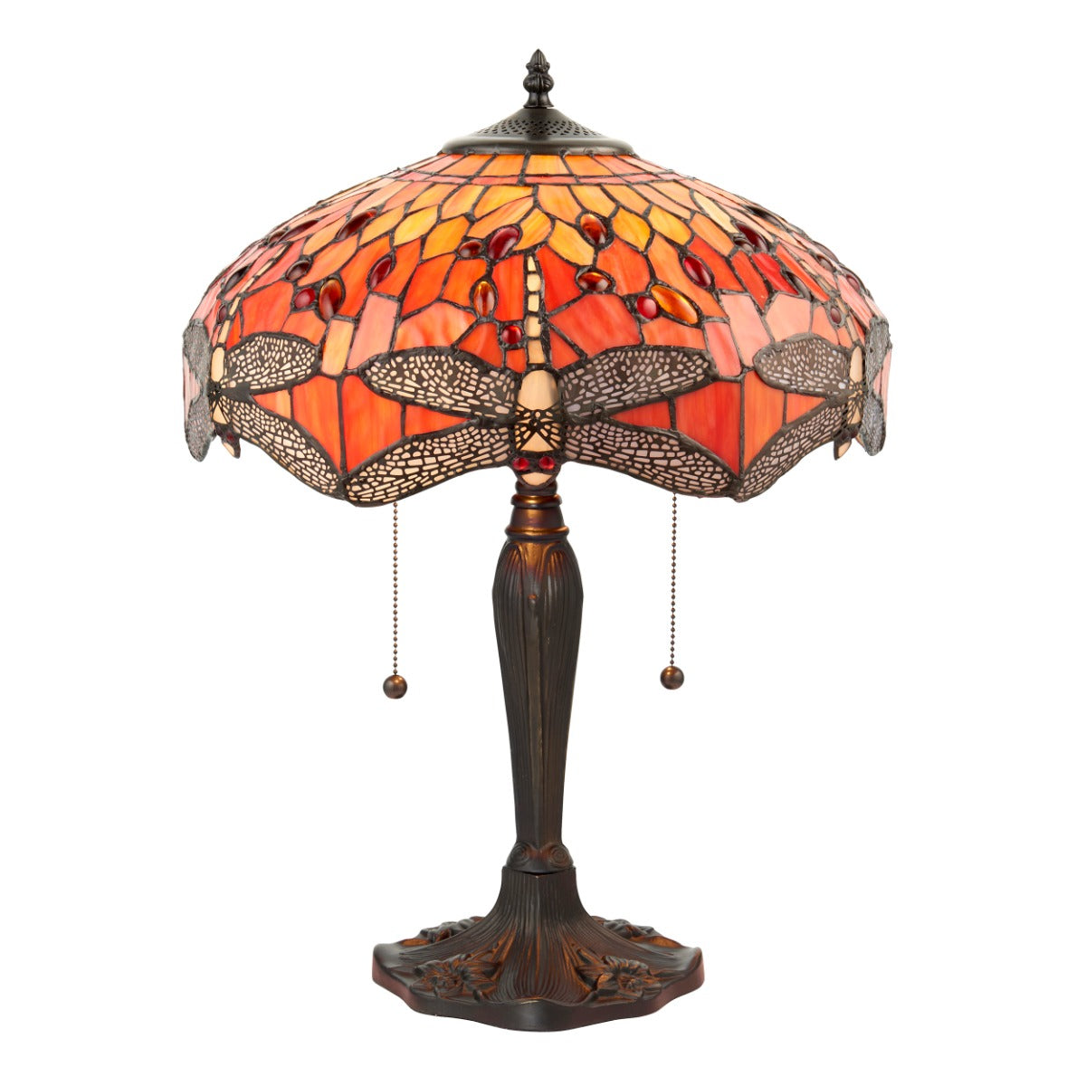 Interiors 1900 Dragonfly Medium 2 Light Tiffany Table Lamp in Satin Black & Flame Glass