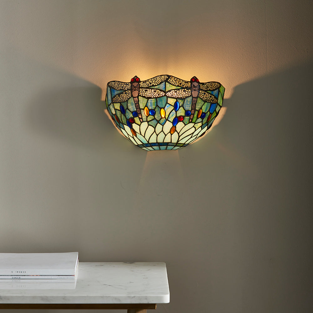 Interiors 1900 Dragonfly Tiffany Wall Light in Matt Black with Blue Glass