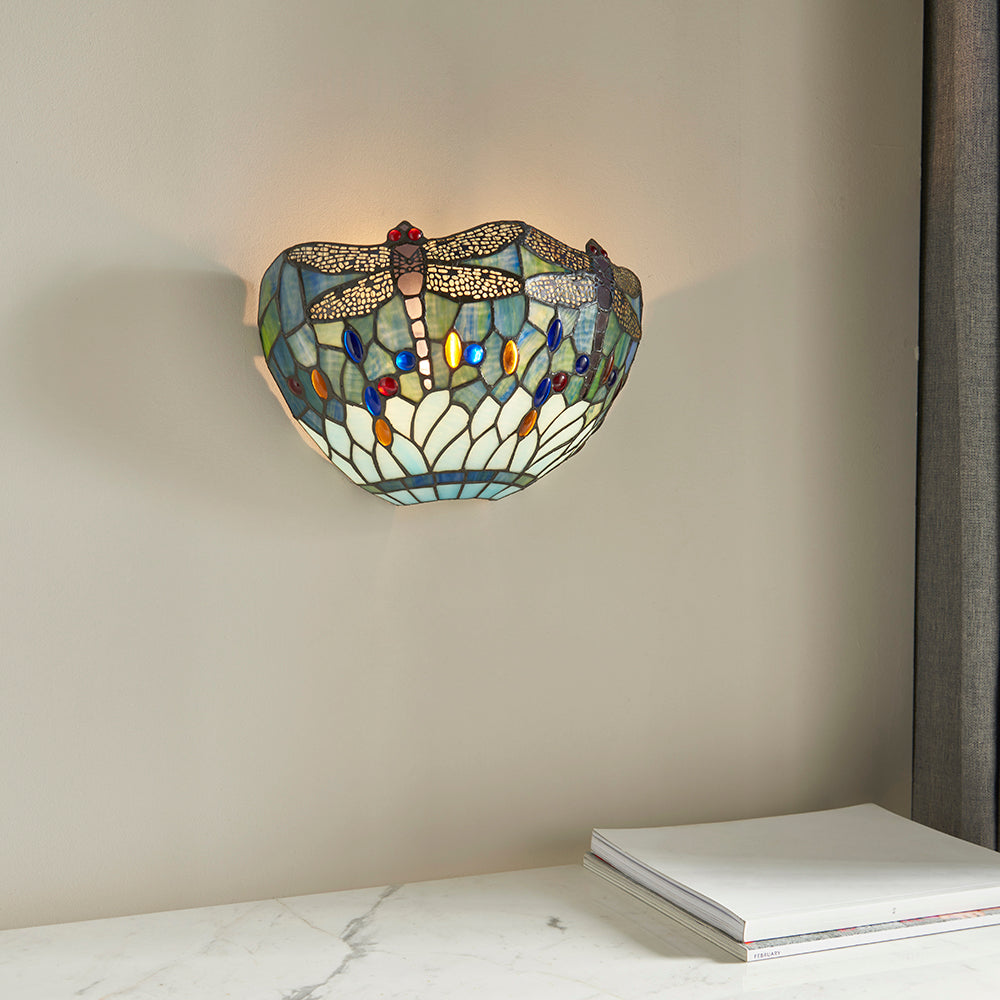 Interiors 1900 Dragonfly Tiffany Wall Light in Matt Black with Blue Glass