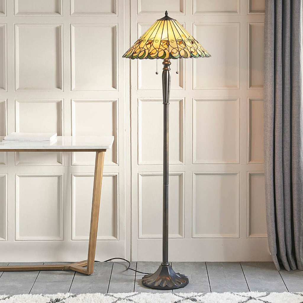 Interiors 1900 Jamelia 2 Light Tiffany Floor Lamp in Satin Black