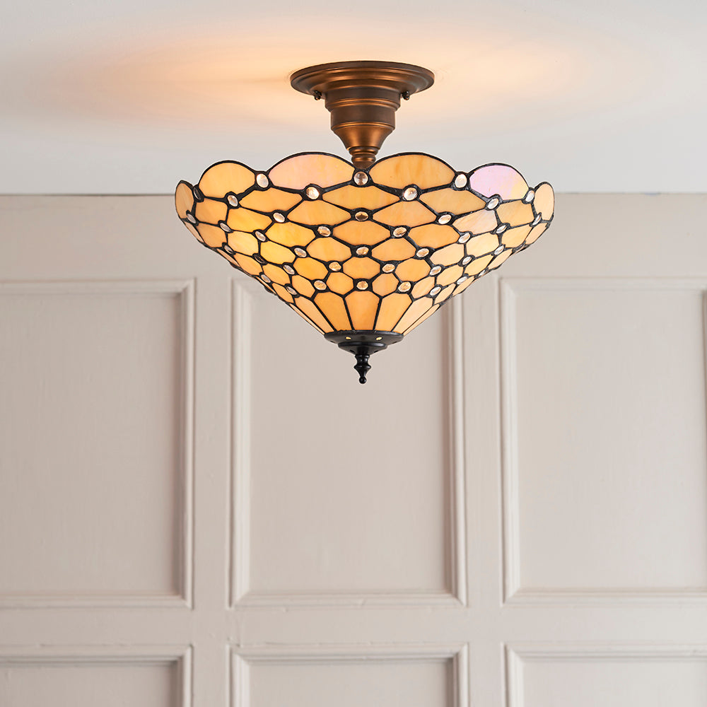 Interiors 1900 Pearl 3 Light Tiffany Semi Flush Ceiling Light in Satin Black