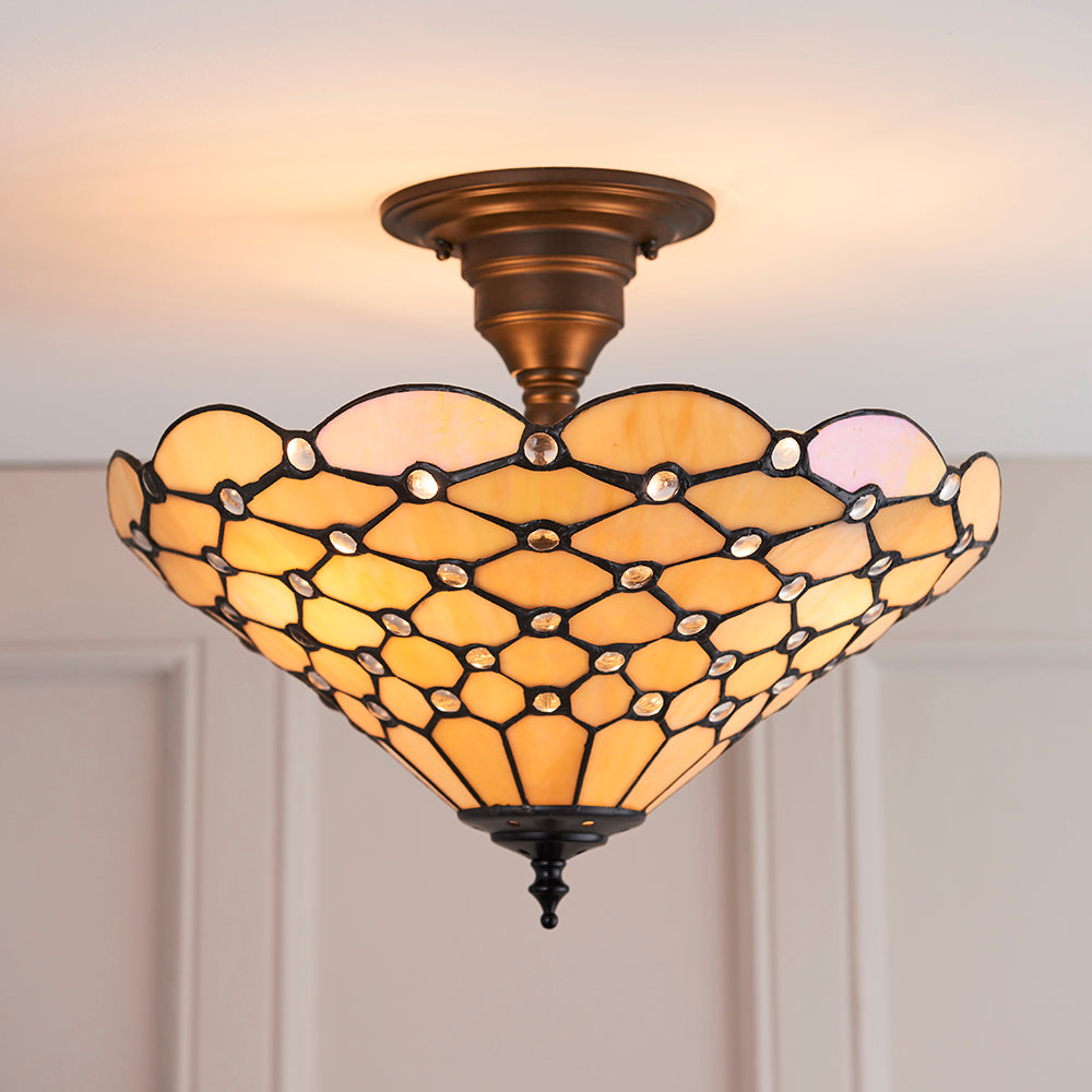 Interiors 1900 Pearl 3 Light Tiffany Semi Flush Ceiling Light in Satin Black