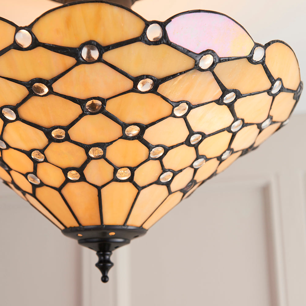 Interiors 1900 Pearl 3 Light Tiffany Semi Flush Ceiling Light in Satin Black