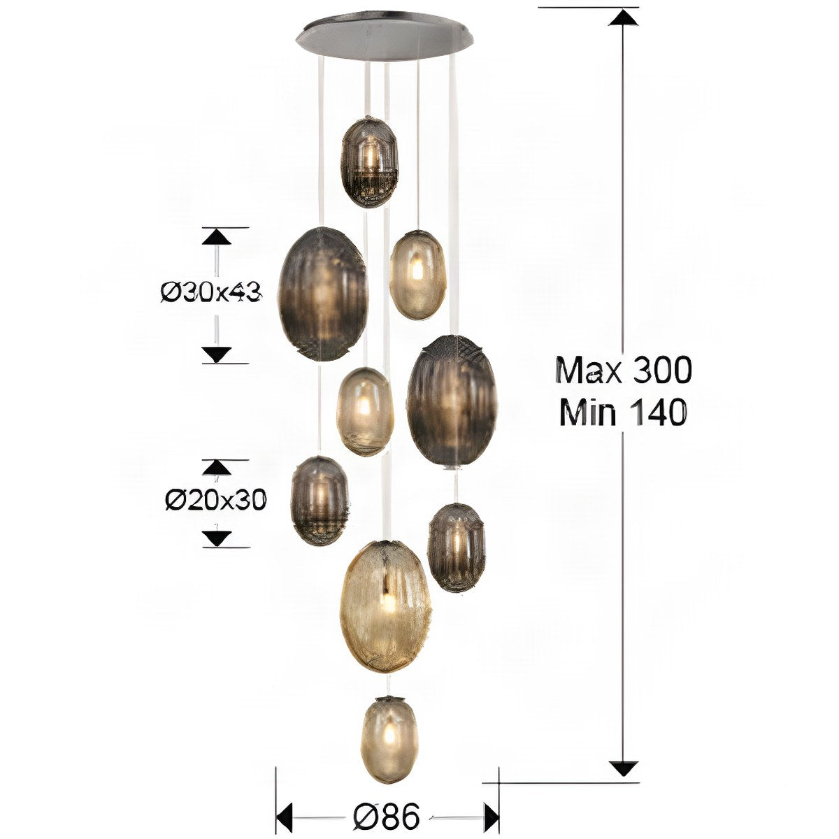 Schuller Ovila 9 Light Pendant Light in Chrome with Cognac and Smoky Grey Shade