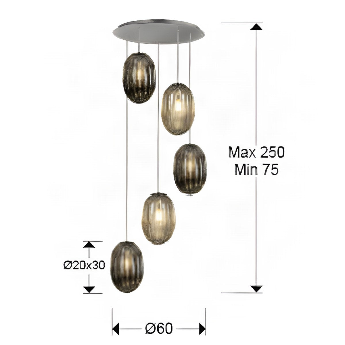 Schuller Ovila 5 Light Pendant Light in Chrome with Cognac and Smoky Grey Shade