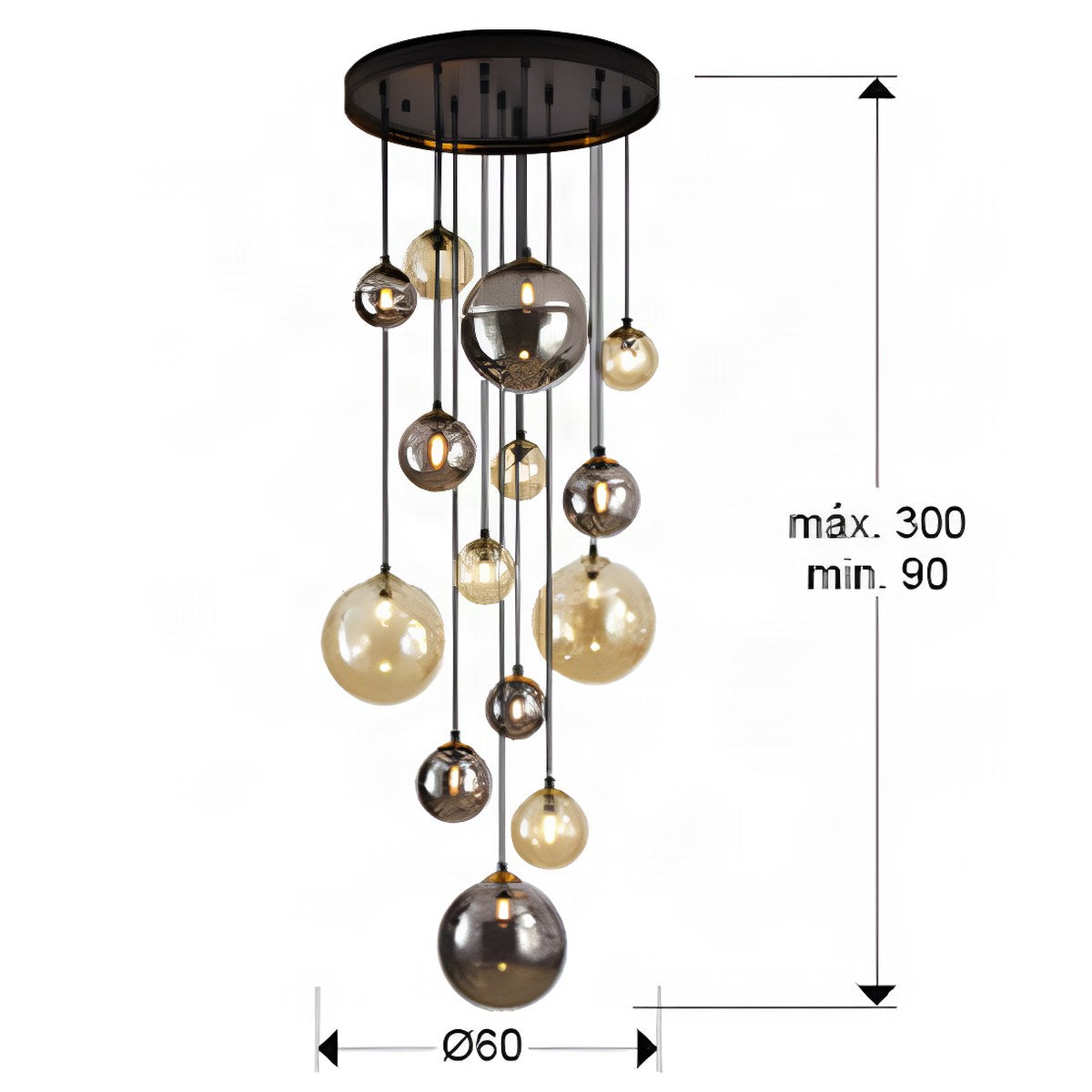 Schuller Dark 14 Light Pendant Light in Black Brass with Glass Shades