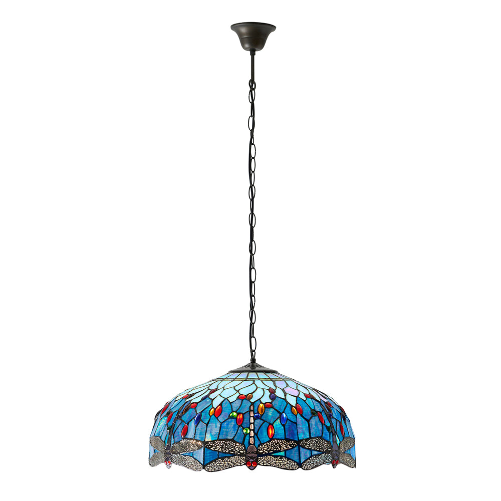 Interiors 1900 Dragonfly Large 3 Light Tiffany Pendant Light in Satin Black & Blue Glass