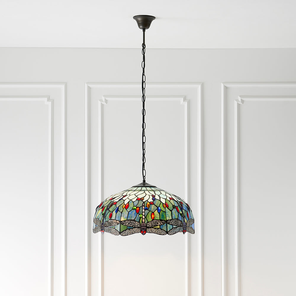 Interiors 1900 Dragonfly Large 3 Light Tiffany Pendant Light in Satin Black & Blue Glass