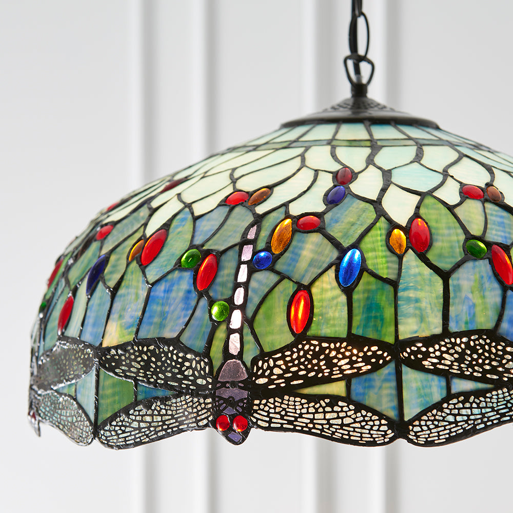 Interiors 1900 Dragonfly Large 3 Light Tiffany Pendant Light in Satin Black & Blue Glass