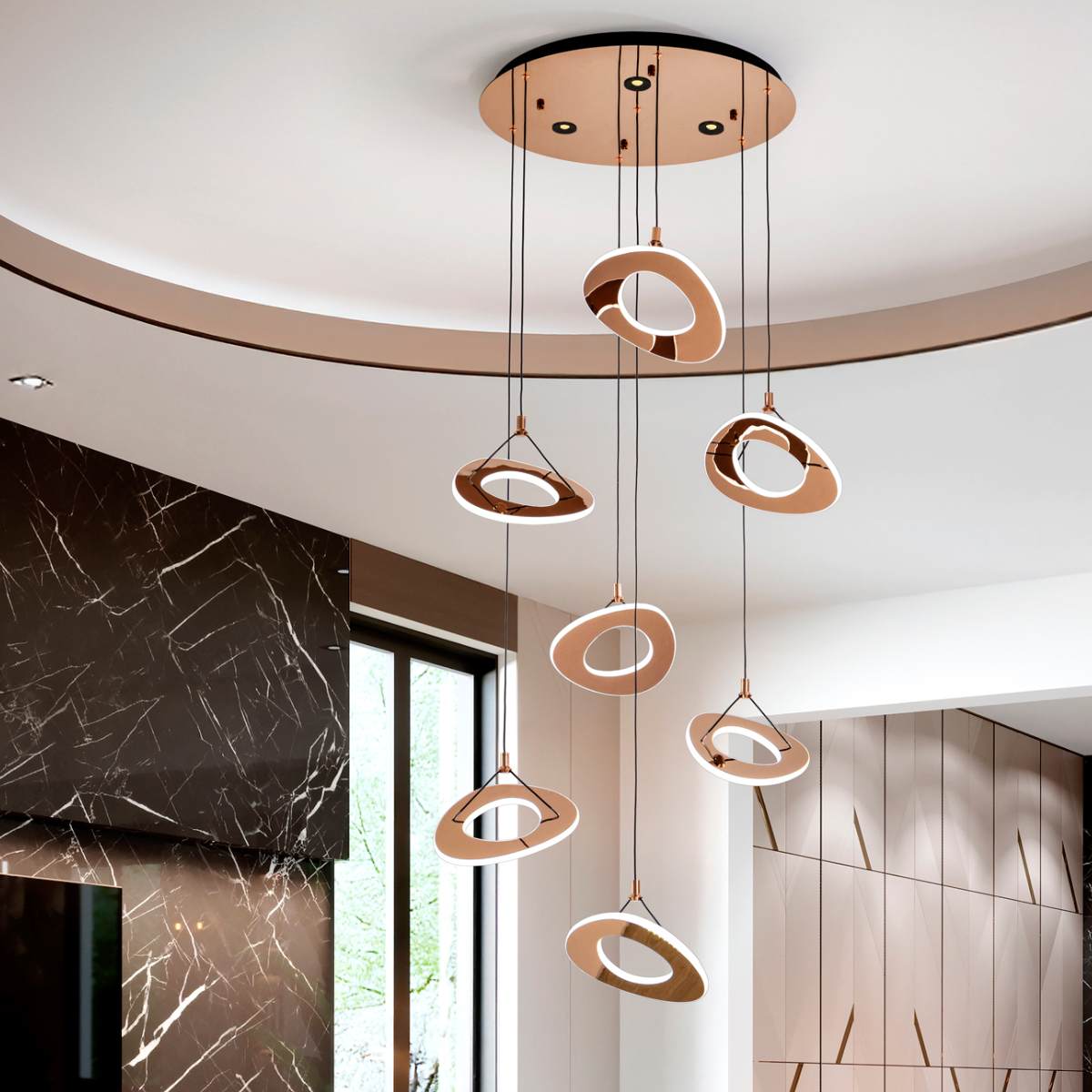Schuller Mirena 7 Light Pendant in Rose Gold with Opal Diffuser