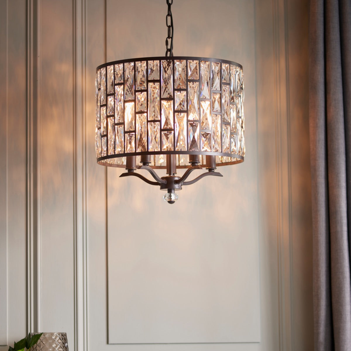 Endon Belle 5 Light Pendant Light with Clear Crystal in Dark Bronze Paint