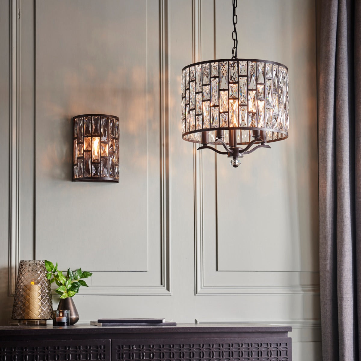 Endon Belle 5 Light Pendant Light with Clear Crystal in Dark Bronze Paint