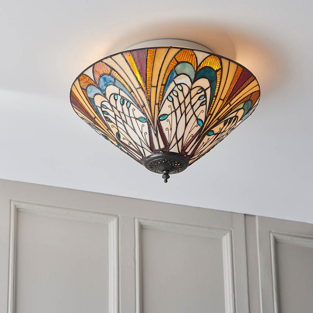 Interiors 1900 Hector Medium 2 Light Tiffany Flush Ceiling Light in Satin Black