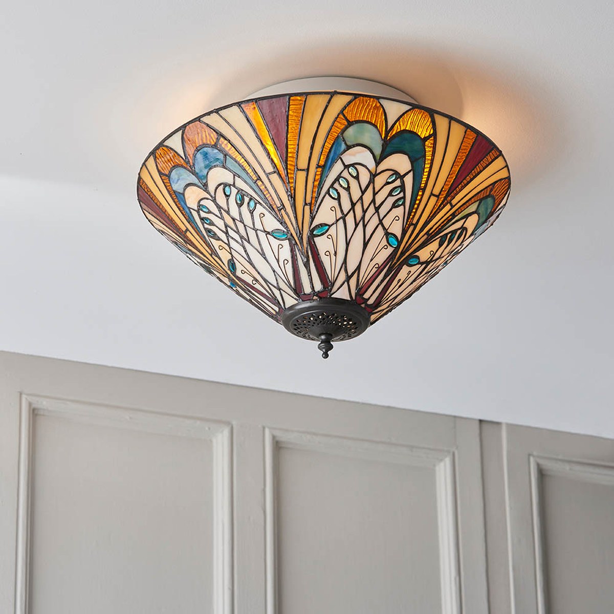 Interiors 1900 Hector Medium 2 Light Tiffany Flush Ceiling Light in Satin Black