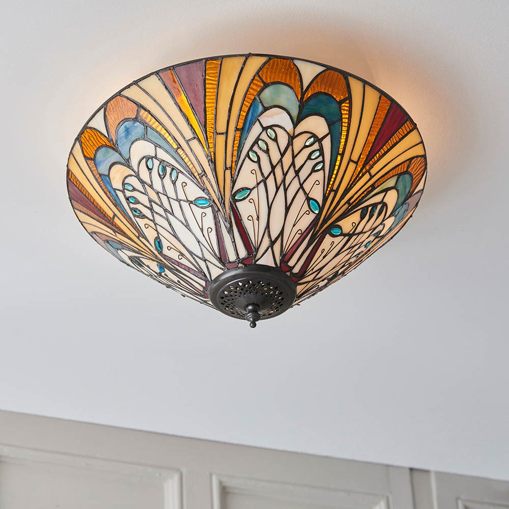 Interiors 1900 Hector Medium 2 Light Tiffany Flush Ceiling Light in Satin Black