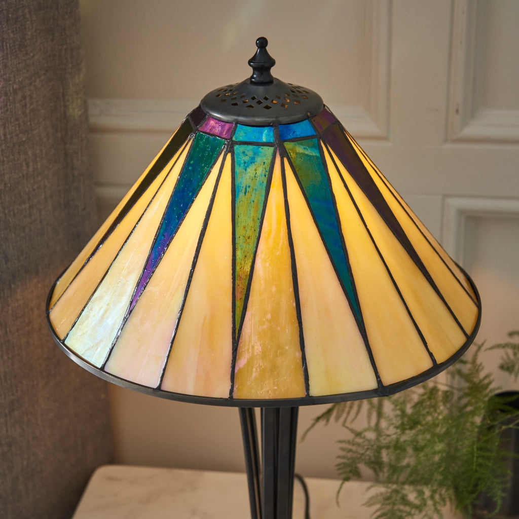 Interiors 1900 Dark Star Tiffany Table Lamp in Black with Iridised Glass Inserts