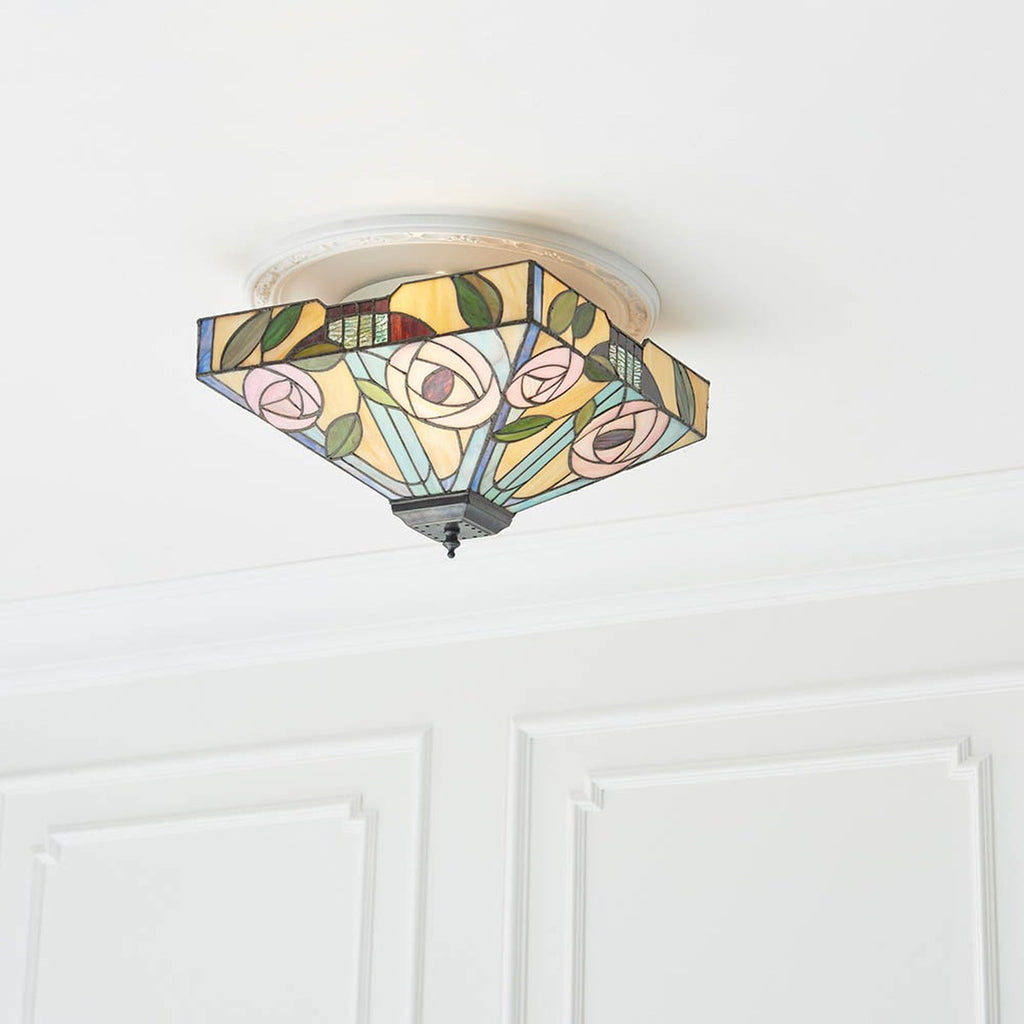 Interiors 1900 Willow Medium 2 Light Tiffany Flush Ceiling Light in Dark Bronze