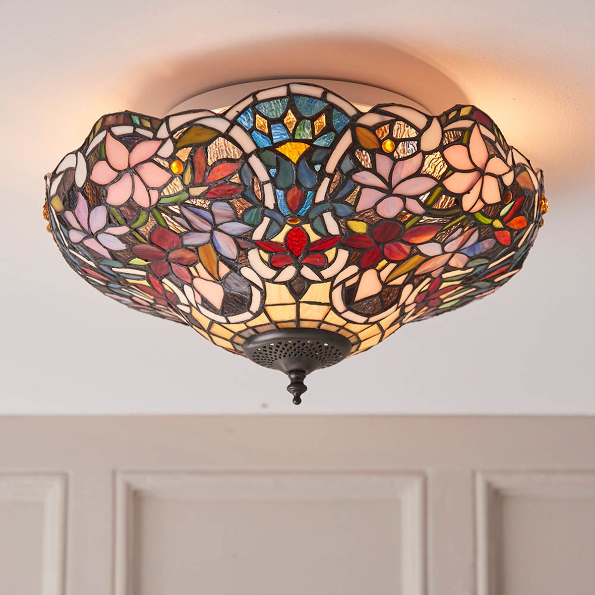 Interiors 1900 Sullivan Medium 2 Light Tiffany Flush Ceiling Light in Satin Black